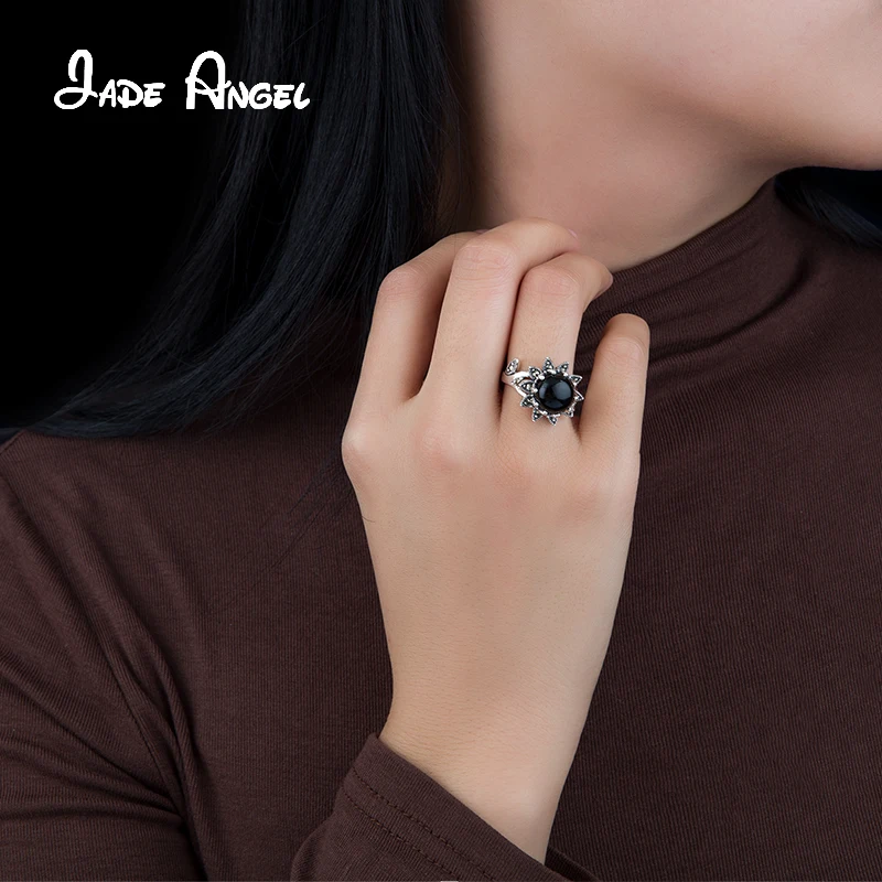 YYSuniee Silver Sunflower Marcasite Set Black Red Green Composite Agate Retro Anti-Allergy Genuine Silver Women's Ring