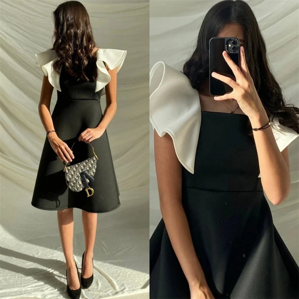 

Romantic Black Prom Dresses Simple Square Neck A-line Celebrity Fold Satin Occasion Evening Gowns Party Dresses For Women