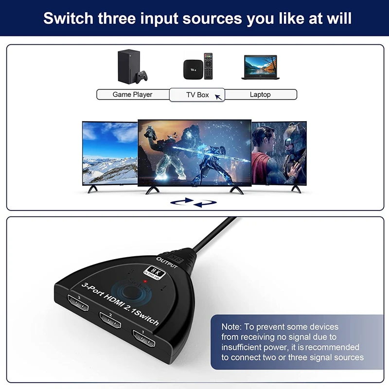 8K @ 60Hz 3 ใน 1 Out HDMI Switcher 3 พอร์ตแปลงสายรองรับ DTS/Dolby/HDCP2.3, HDMI2.1 สําหรับ PS4/5 เกมคอนโซล PC