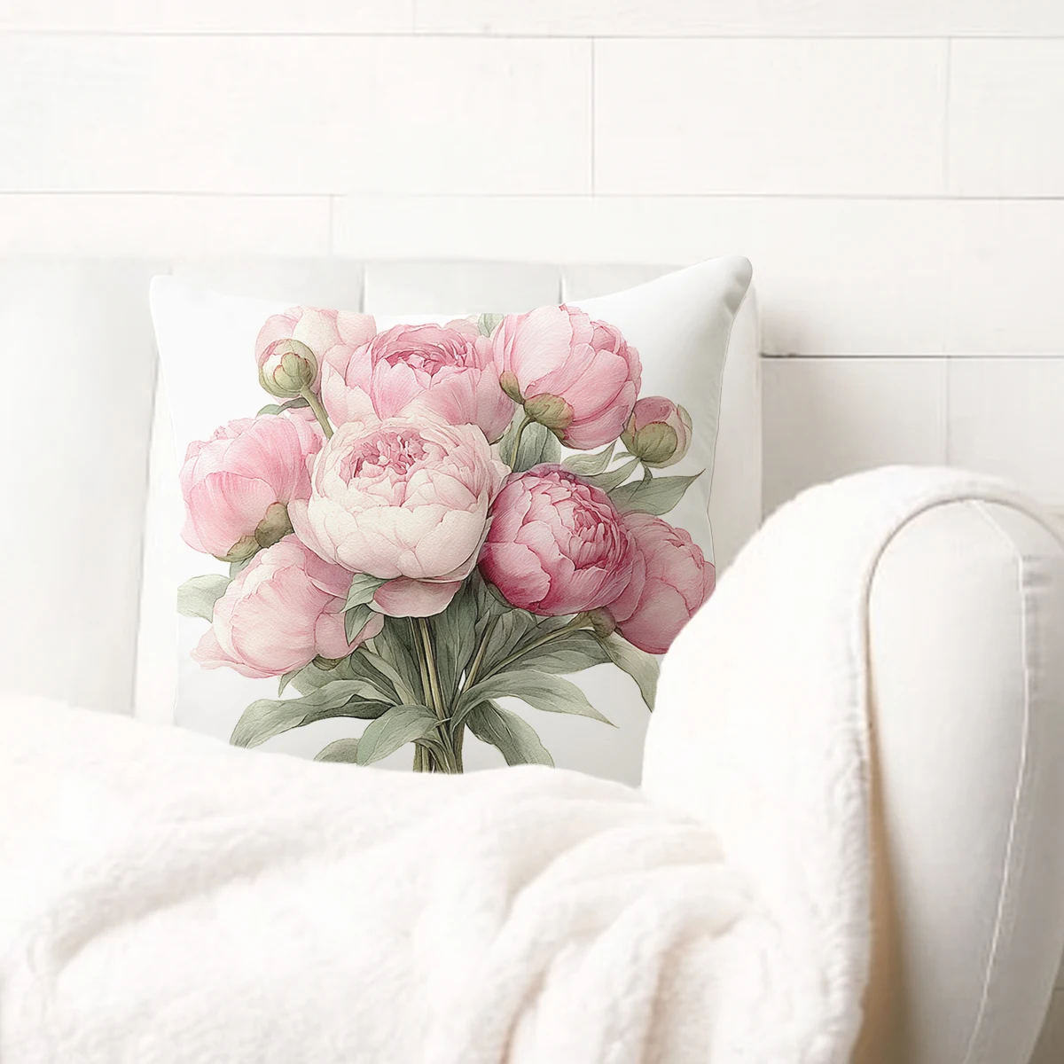 Elegant Peony Flower Pattern Polyester Pillow Cover - 2D Printed Decorative Cushion Case for Sofa, Bedroom & Living Room Decor