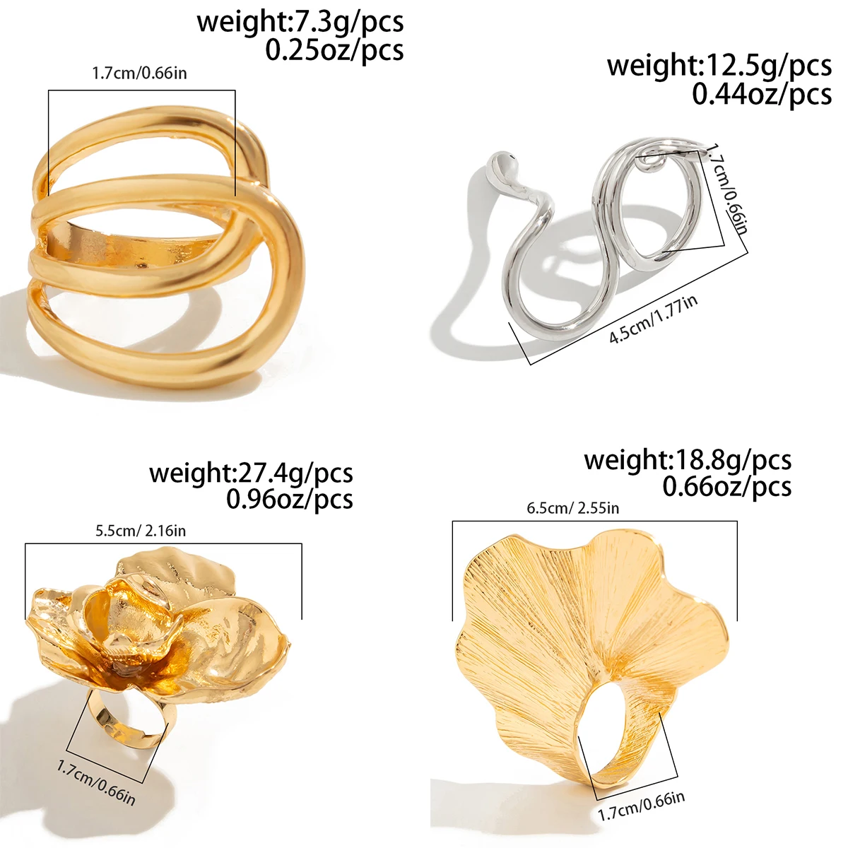 Ingemark 6 Styles Unique Large Petal Flower Twisted Wave Rings for Women Vintage Geometric Adjustable Ring Jewelry Steampunk Men