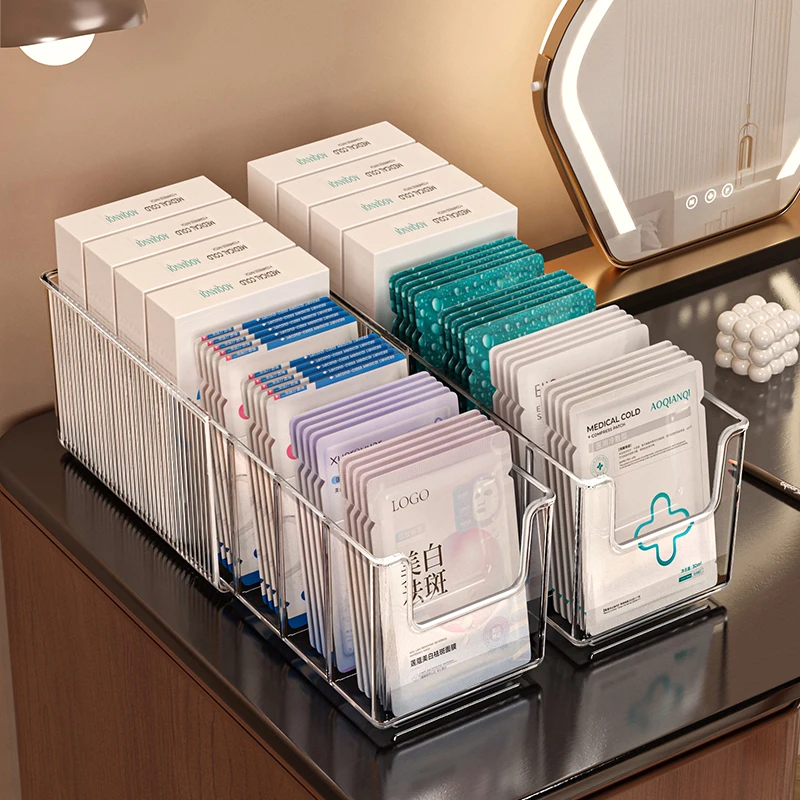 Organisateur de rangement transparent rétractable pour masques faciaux, grande capacité, compartiments divisés, pour coiffeuse, cosmétiques, soins de la peau et maquillage