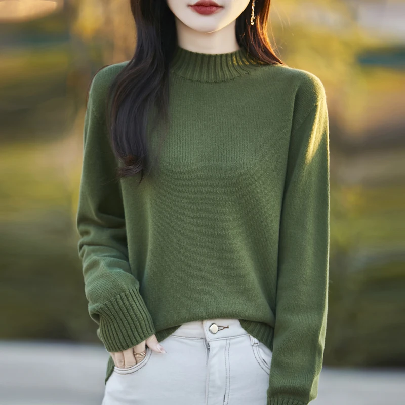 Autumn and Winter Women's 100% Cotton Sweater Casual Knitted Half High Collar Pullover Korean Fashion Solid Color Women's Top