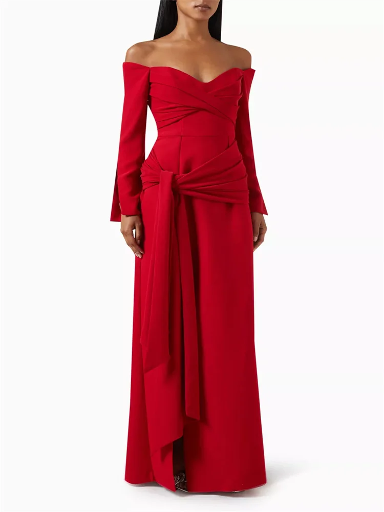 

Hot Selling Off Shoulder Neckline Satin Straight Evening Dress Elegant Open Back Zipper Floor Length High Slit Gown For Women