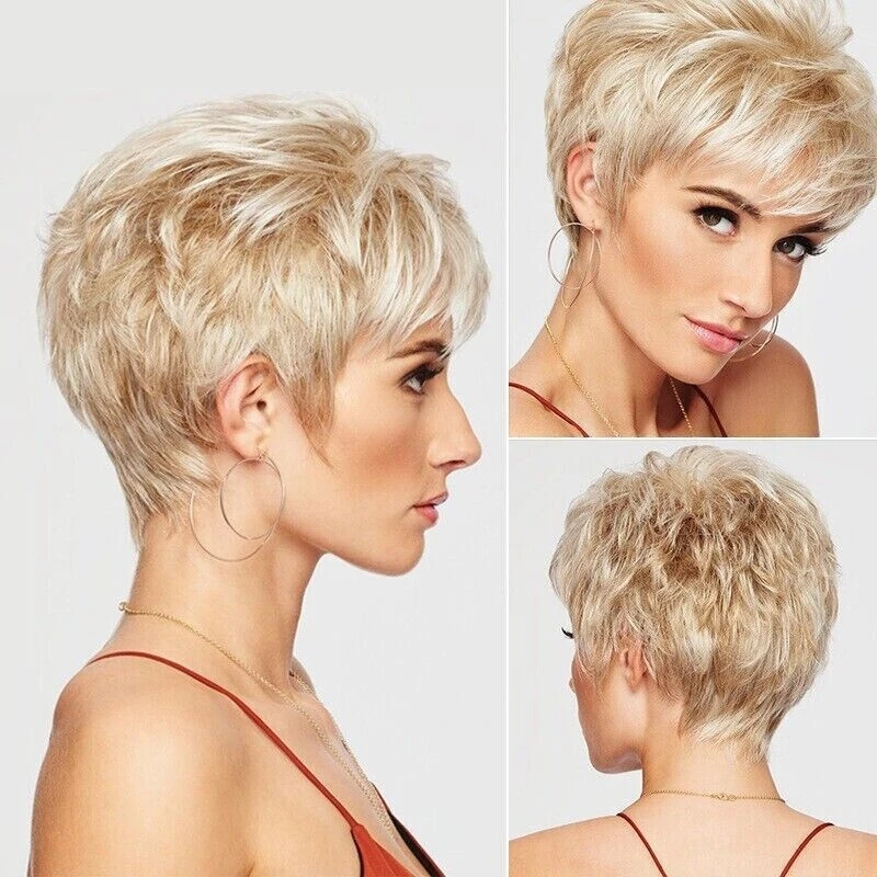 Women's : European and American Fashion, Fluffy Short Straight Hair with Side Bangs, Golden Dyed Wig