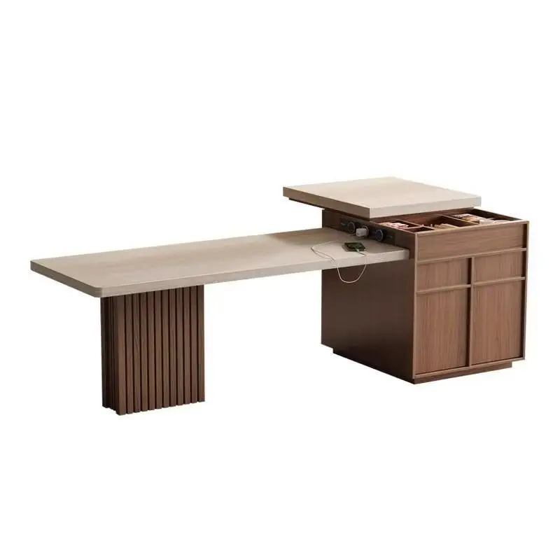 

Dining table integrated retractable household multi-functional solid wood slate islan