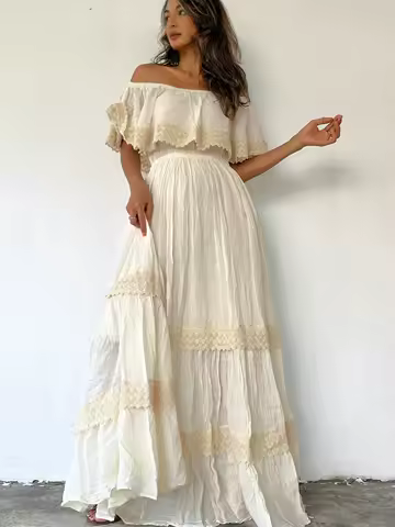 Elegant One Shoulder Lace Patchwork Dress Summer Beach Party Formal Evening Wear Boho Chic Midi Dress with Embroidery Detail