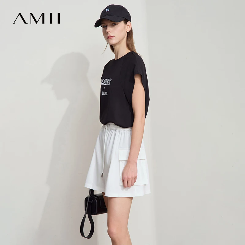 AMII Minimalist Casual T-shirt 2025 Summer Loose Silk Crew O-neck Stretch Embroidery Drop Shoulder Short Sleeve Tee Tops12522118
