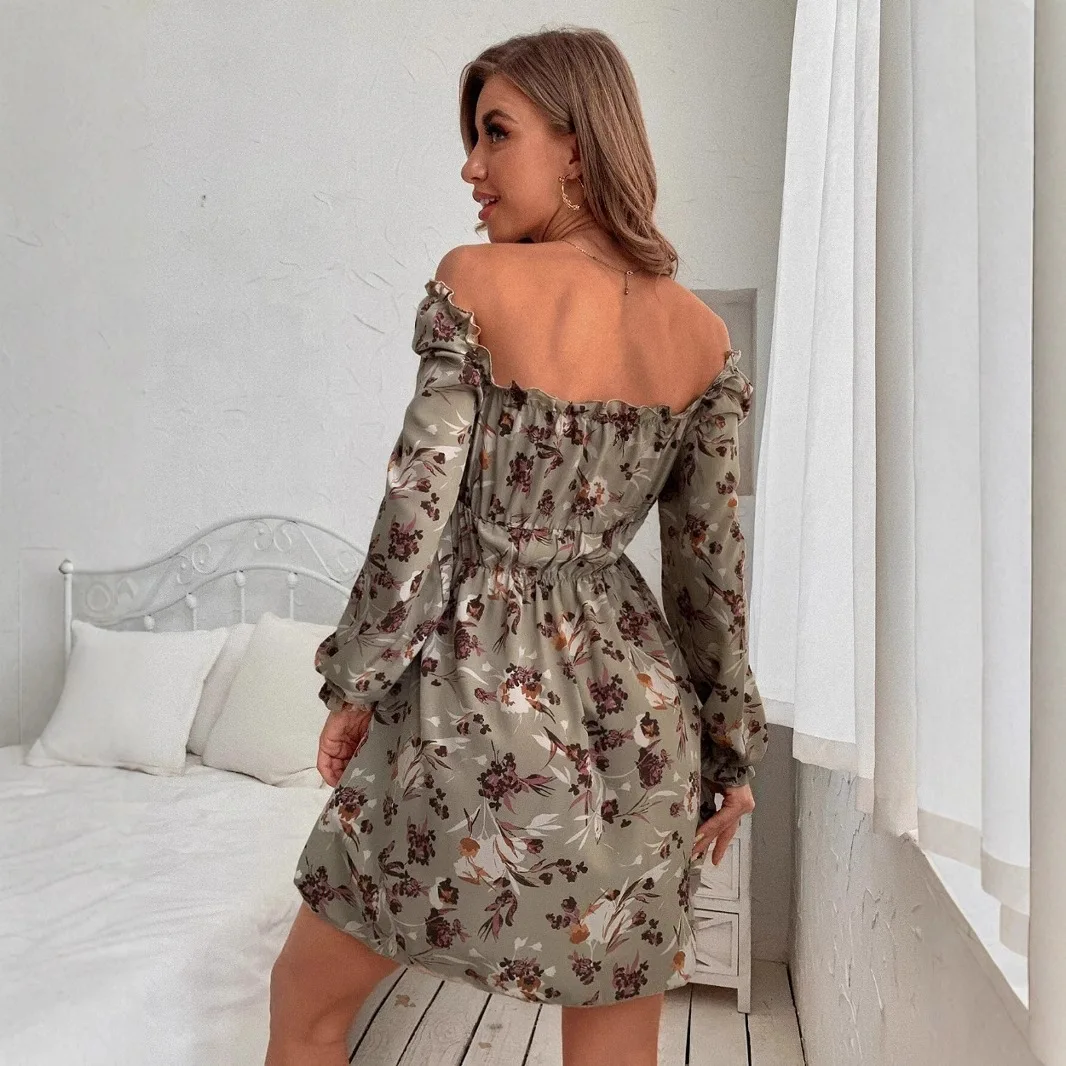 فستان صيفي بطباعة زهور وياقة مربعة مكشوفة الكتفين بتصميم A-Line للنساء، أزياء عابرة للحدود