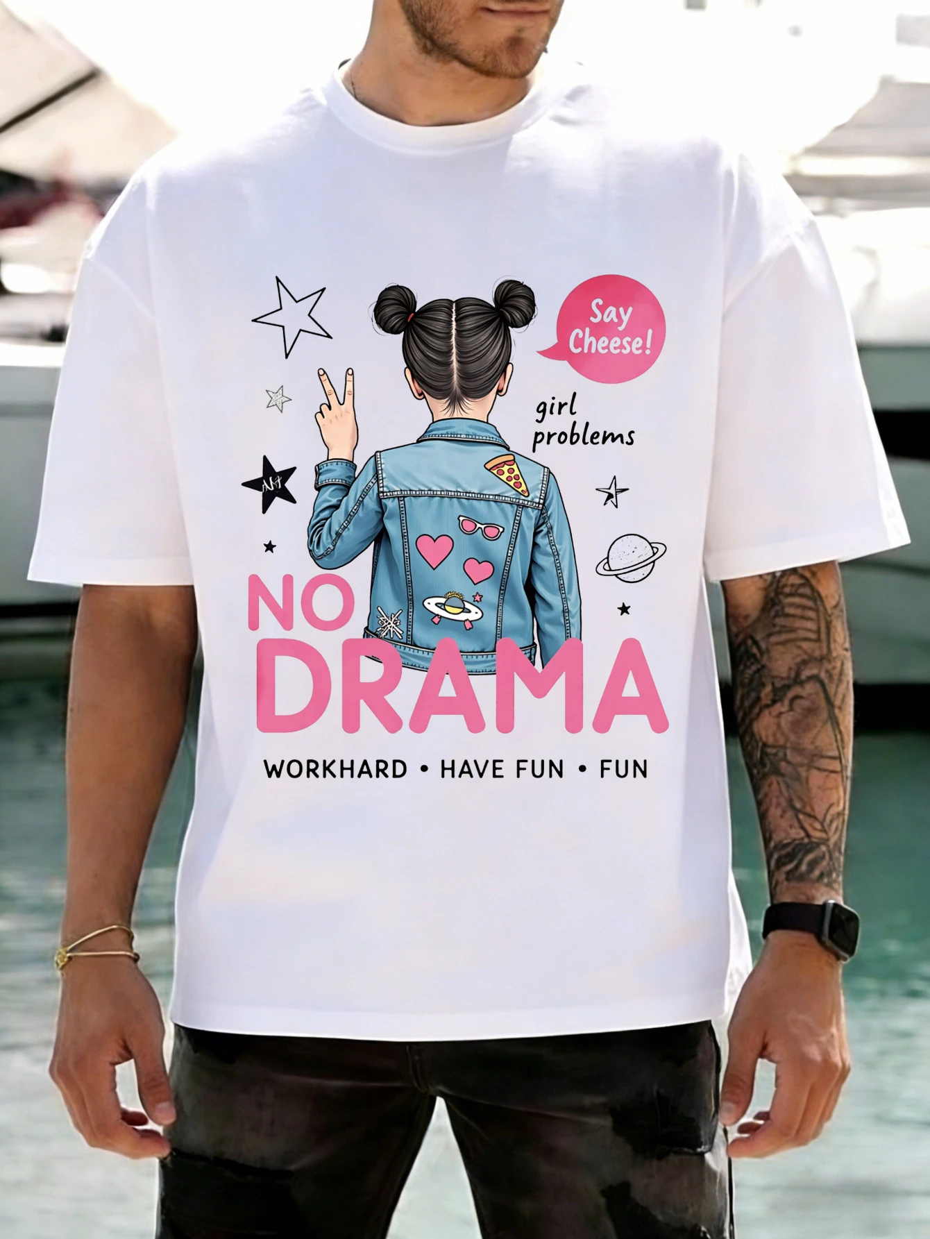 

Mens Short Sleeve Cotton T Shirt - 'NO DRAMA' Mickey Ears Graphic Printed Oversized Funny Streetwear Summer Casual Gift for Him