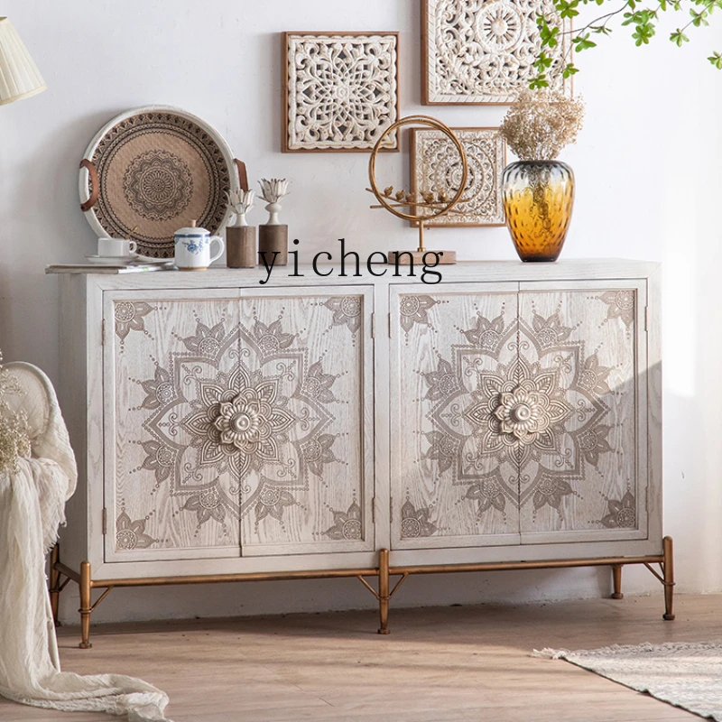 

ZC Vintage Entrance Cabinet White Home Cabinet Locker Moroccan Style Decoration Solid Wood Sideboard