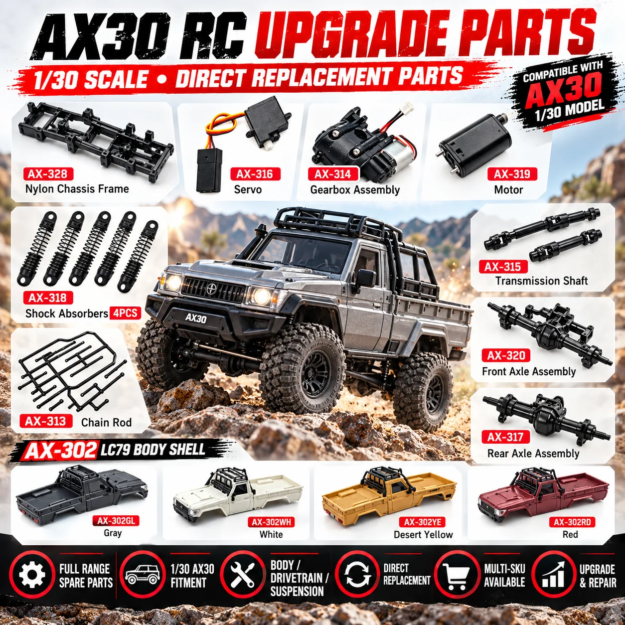 1/30 Remote Control AX30 RC Car Frame Kit Motor Drive Shaft Gearbox Servo Front Rear Axle CVD Shock Absorbers Tires Car Shell
