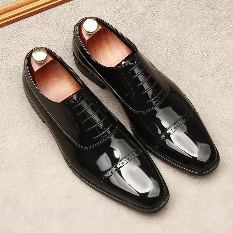 HNXC Handmade Mens Oxford Shoes Genuine Leather Patent Leather Men Dress Shoes Classic Business Square Head Formal Shoes For Men