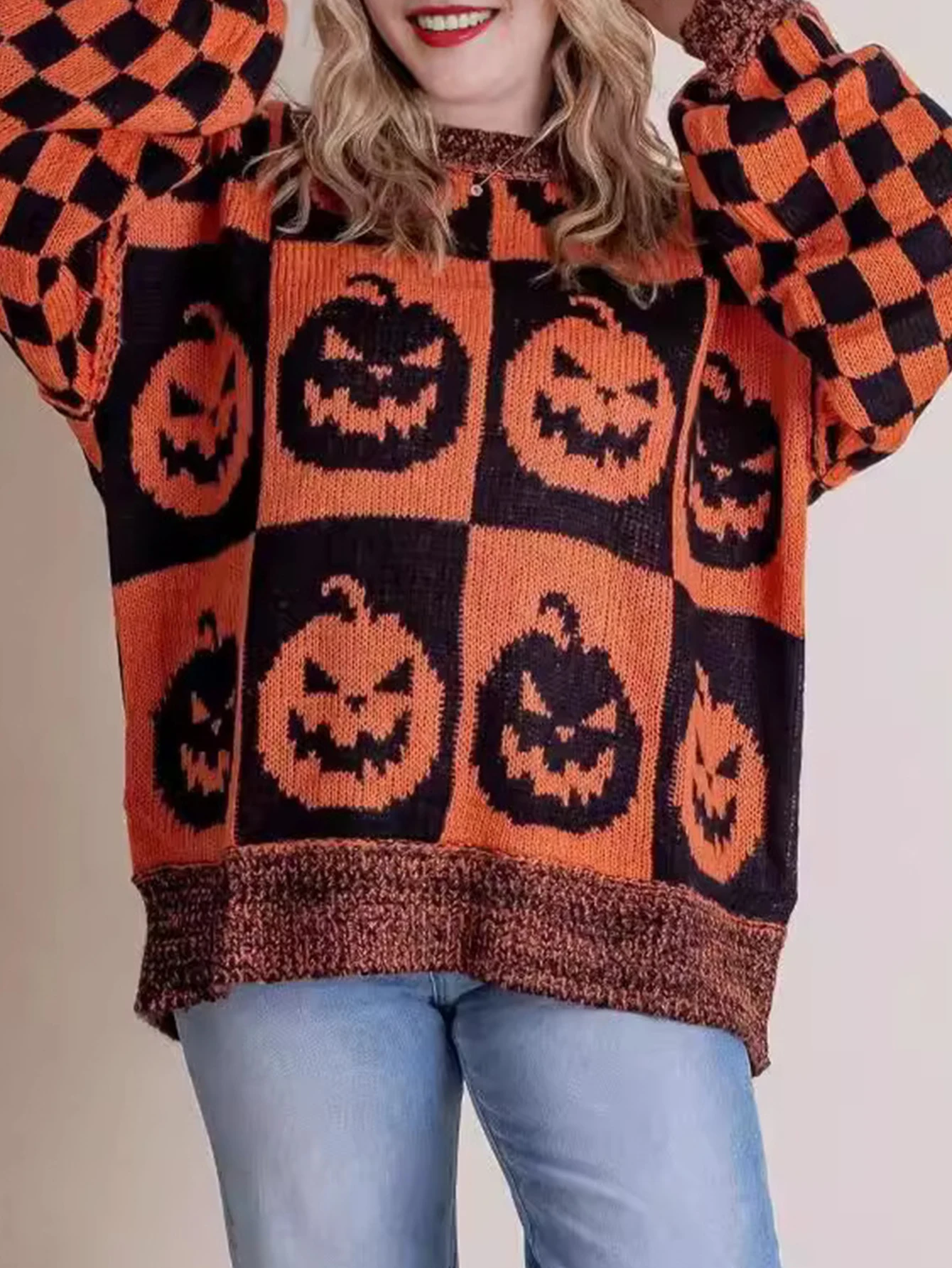 

Autumn Winter Women's Sweater Chic Cute Contrast Color Pumpkin Plaid Halloween Long Sleeve Crew Neck Vacation Sweater