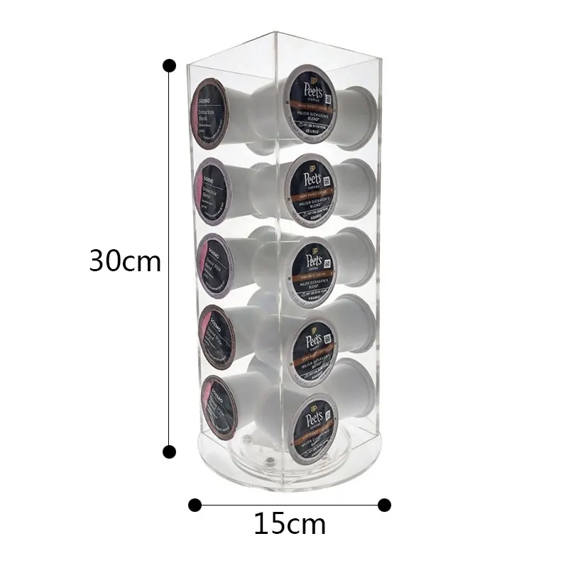 360° Rotating Acrylic Coffee Capsule Display Stand - 4-Sided Clear Holder for 20 Pods, Home & Office Organizer (30cm Height)