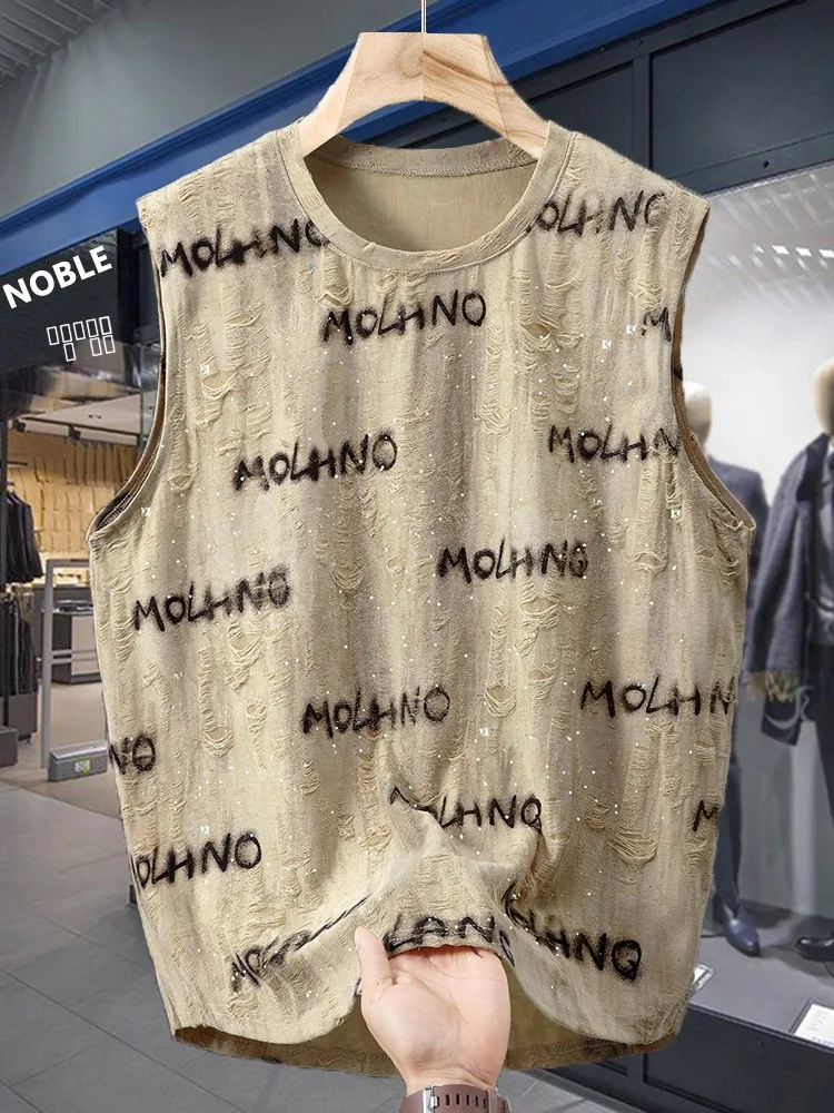 Large Size Summer Trendy Hollow out Vest Men's American Rustic Cool Style plus Size Shoulder T-Shirt No Sleeve Printed Polyester