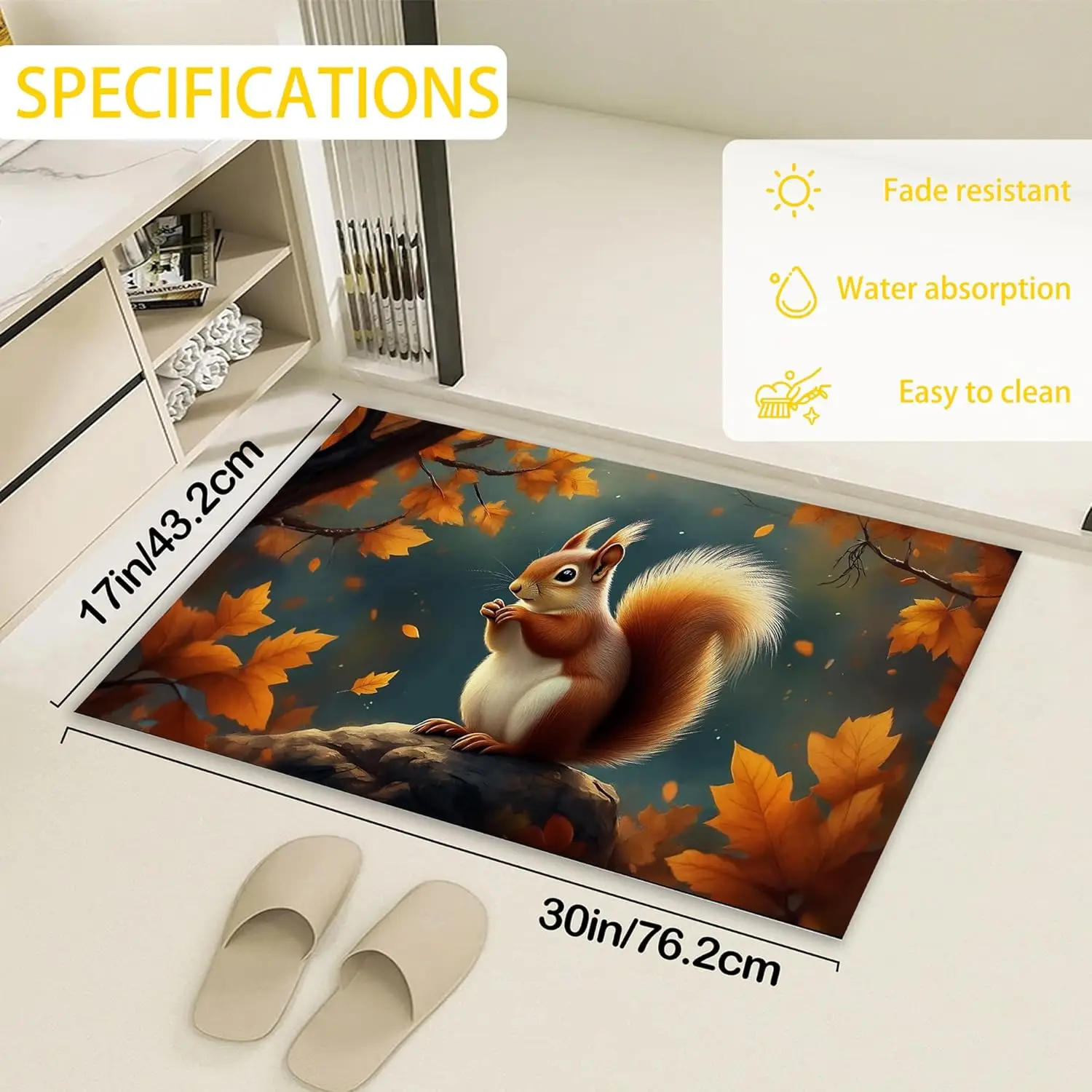 Door Mat,Cute Squirrel Welcome Mat Indoor,Fall Maple Leaf Non-Slip Outdoor Entry Mat for Home Entryway, Low Profile Floor Rugs