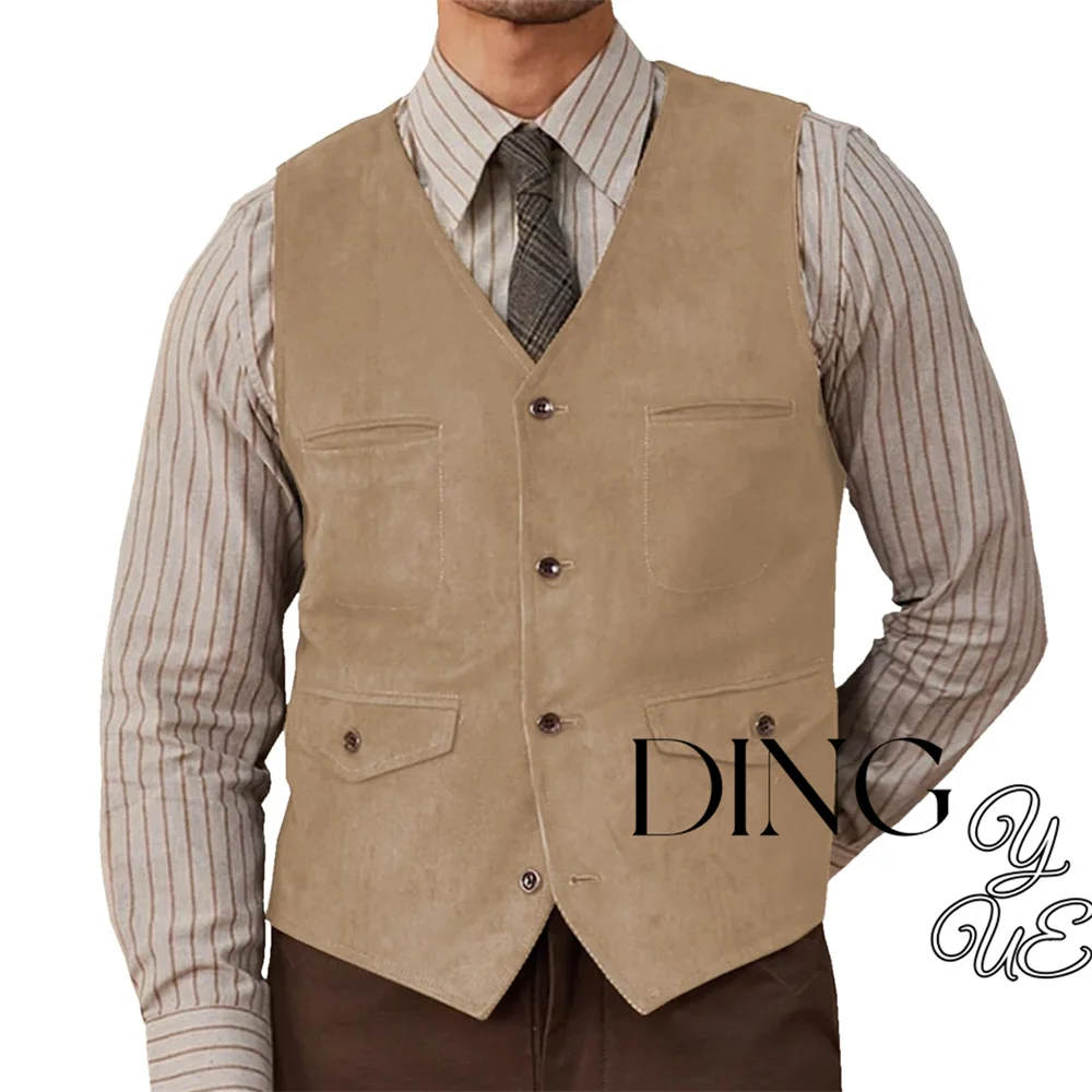 Mens Suede Leather Suit Vest Western Cowboy Casual Single Breasted Punk Style Waistcoat