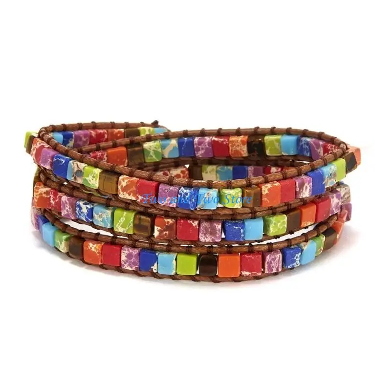 

HX6F Multicolor Bracelet Jewelry Handmade Multi Natural Stone Tube Beads Leather Wrap Bracelet Couples Bracelets for Adult