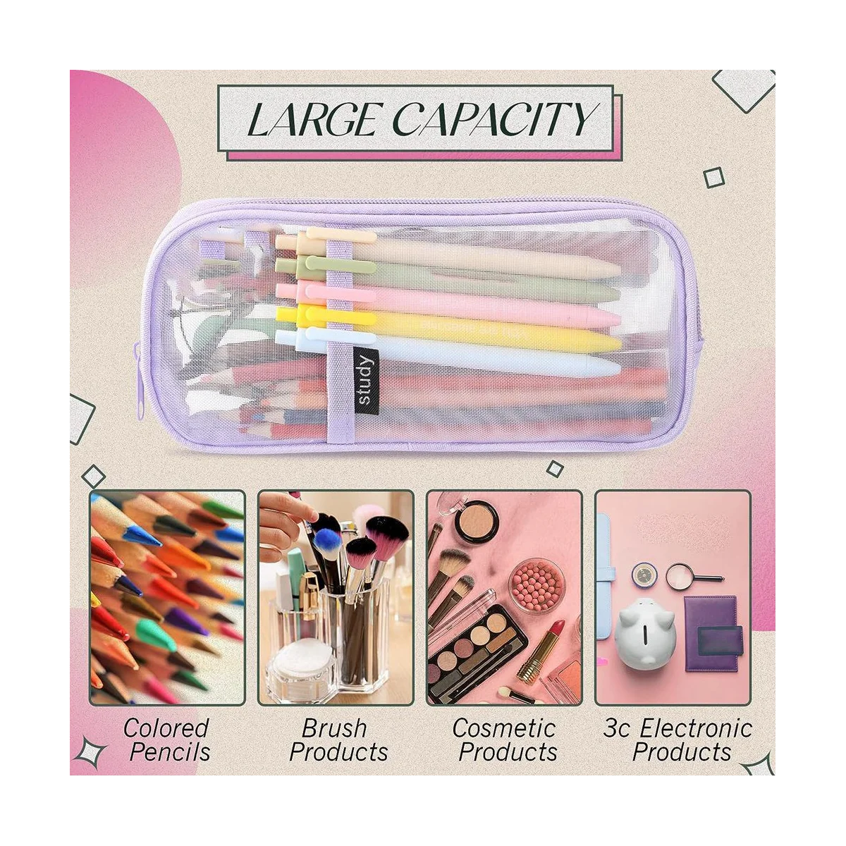 Grid Mesh Pencil Case com Zipper, Clear Pencil Pouch, Visible Pen Bag, Multi-Purpose, Transparent Makeup Bag, 4 Pcs