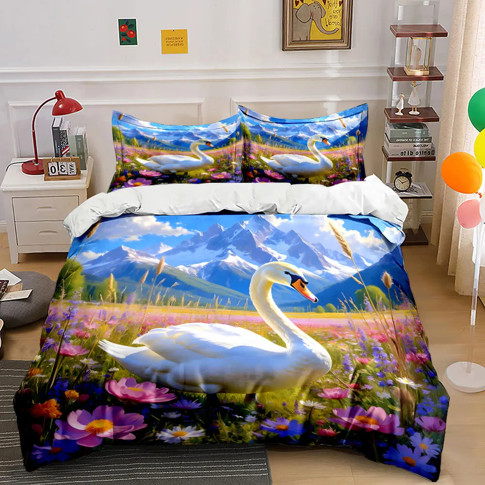 Swan in colorful meadow snowy peaks Pattern Duvet Cover Set Digital Print Colorful Polyester Bedding with Zipper Closur