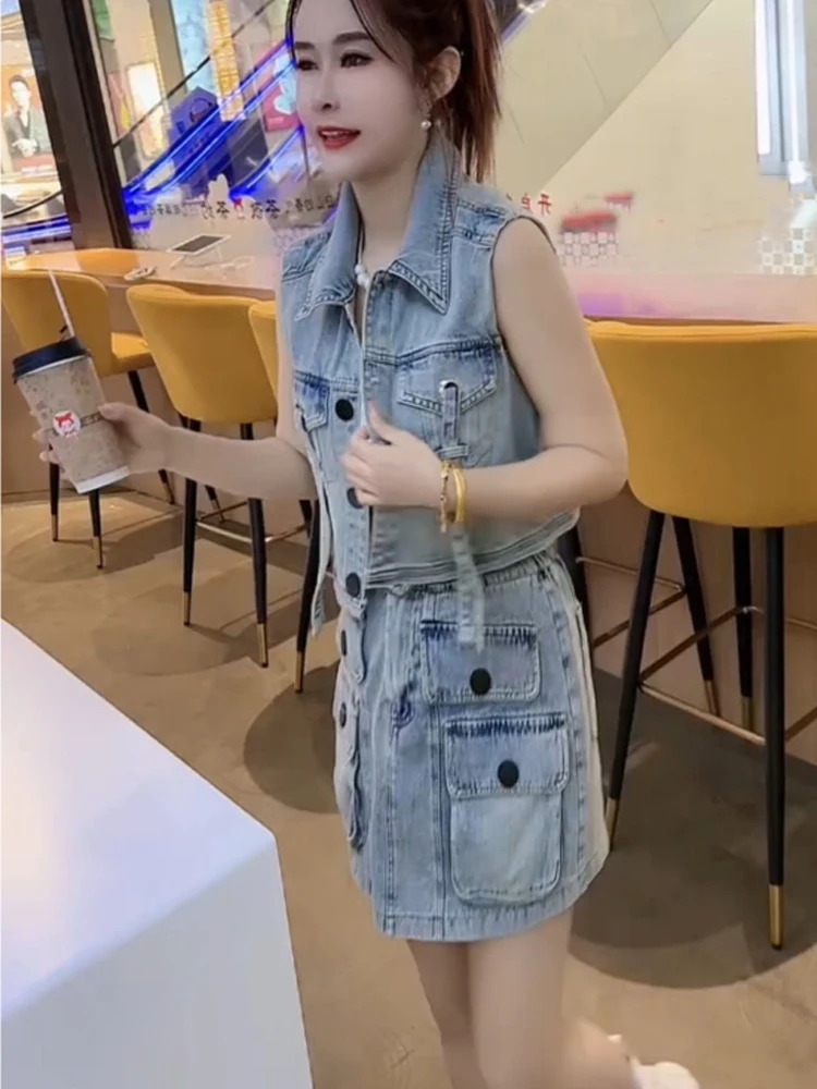 

Fashion temperament 2025 summer new Korean style version small fresh casual denim vest+high waisted short skirt set