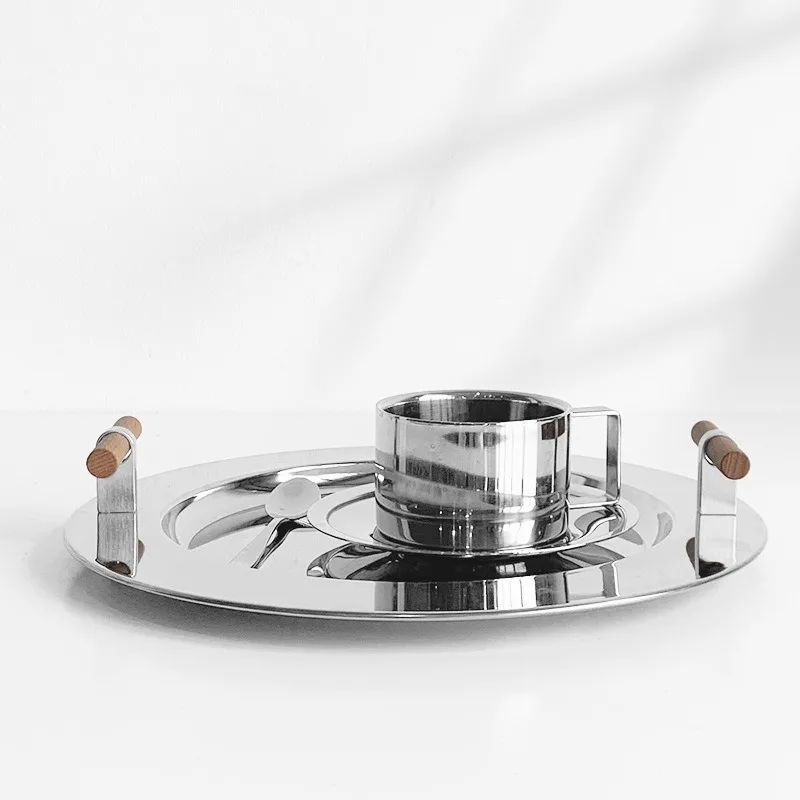 Plating color stainless steel round tray Nordic ins wind wood handle storage