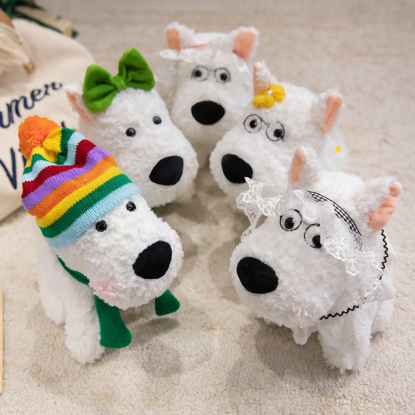 

5 Styles Cute West Highland White Terrier Plush Toys Cozy Fluffy Sitting Cartoon Dressed Puppy Doll Kawaii Xmas Party Decor