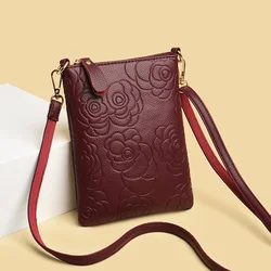 Emboss Rose Flower Women Shoulder Bags Crossbody Bag Premium Genuine Leather Vertical Style Female Mobile Pouches Bags