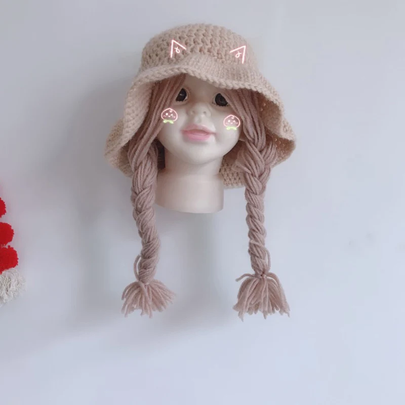 Kids Girls Winter Wig Big Braid Hat Knitted Cap for Toddler Little Girls