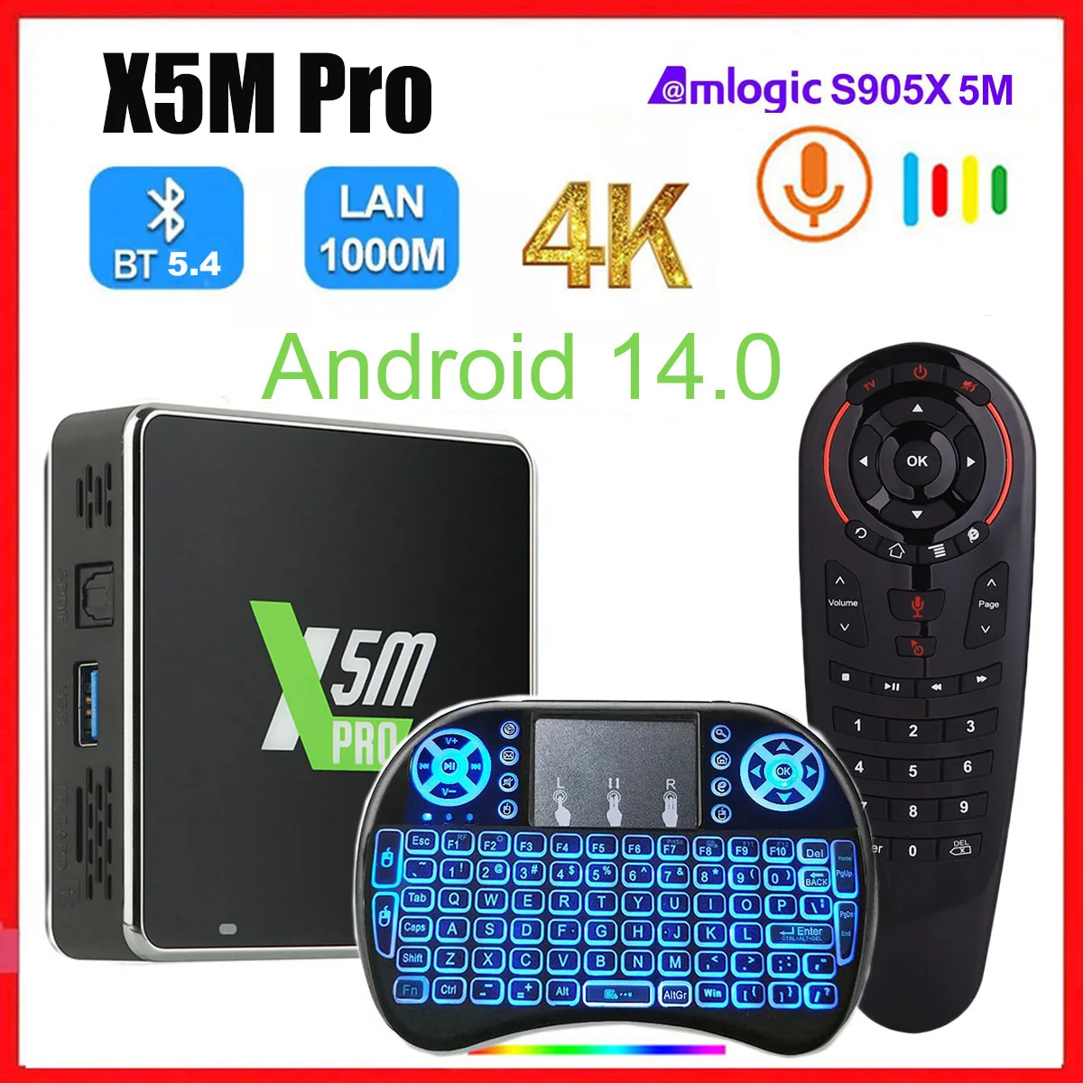 X5 Pro Smart Android 14 TV Box Amlogic S905X5M 4GB DDR4 32GB ROM Set Top Box WiFi 6 Gigabit BT 5.4 4K 60fps AV1 HDR Media Player