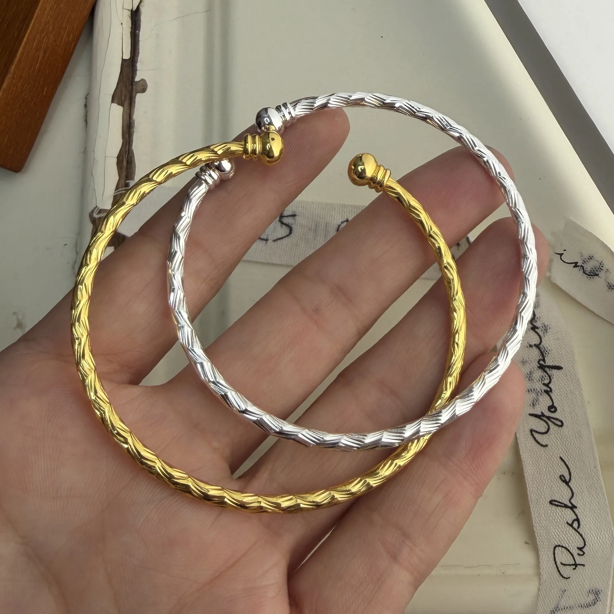 100% Solid 925 Sterling Silver Retro Bracelet for Women Geometric  Handmade Gold Shinning Bracelet Birthday Gift