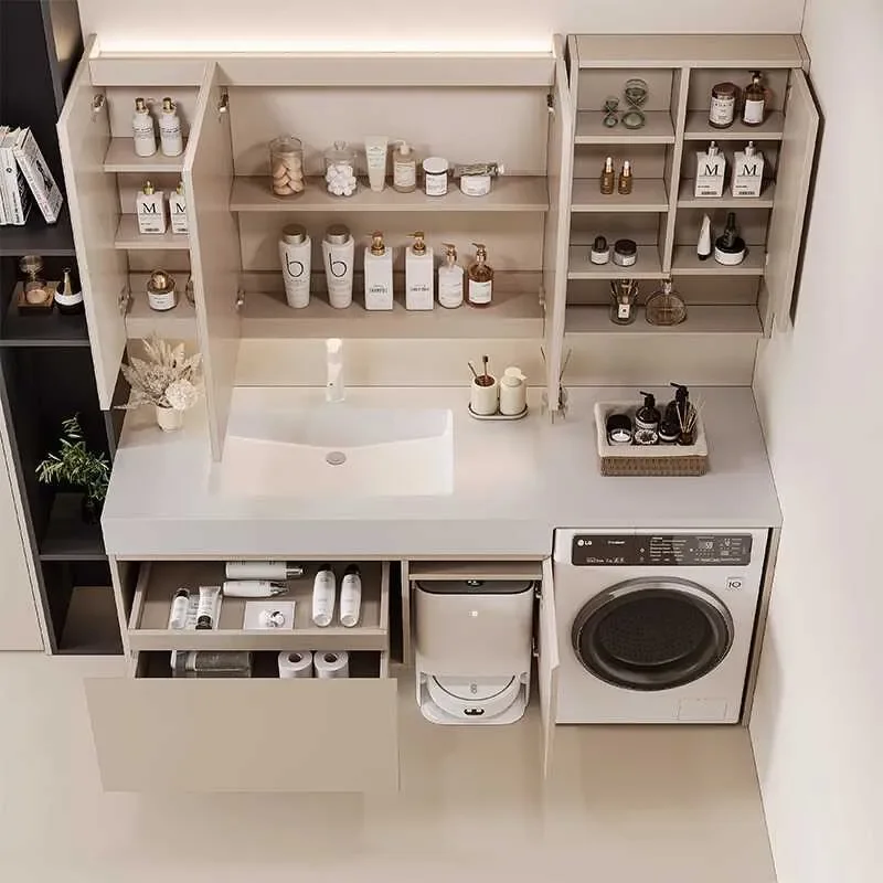 Rock Slab Seamless Countertop Integrated Washing Machine Balcony Bathroom Cabinet with Space for Robot Vacuum and Washbasin