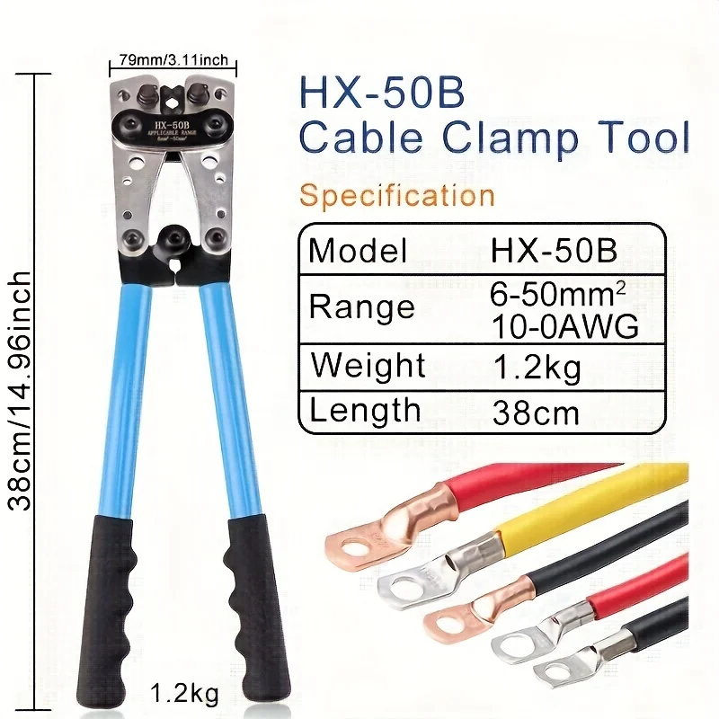 HX-50B Cable Lug Crimping Tool Kit 60pcs Copper Ring Terminals 10-1/0 AWG 8 Sizes for Heavy Duty Wire Connections