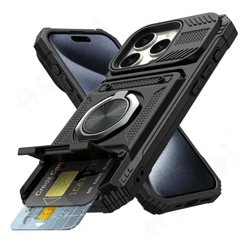 

Case For iPhone 17 16 15 14 13 11 Pro Max XS XR 8 7 Plus Magnetic Rotated Ring Kickstand Heavy Duty Drop Protection Wallet Cover