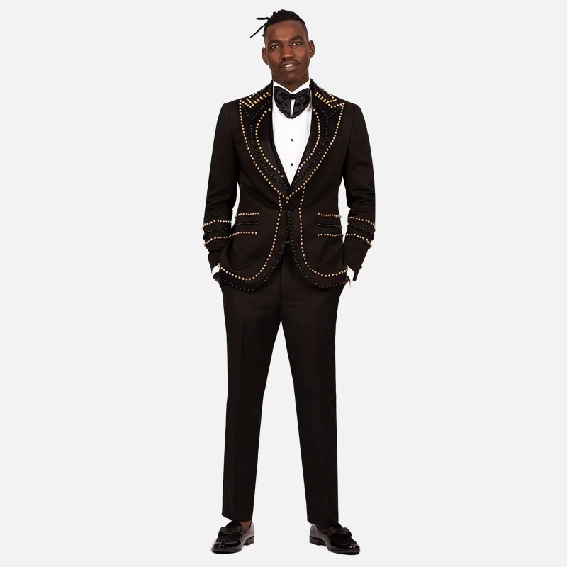 Esmoquin de boda de lujo para hombres, trajes formales negros para novio, ropa de negocios con cristales dorados, Blazer, chaleco, pantalones, traje de fiesta de graduación hecho a medida