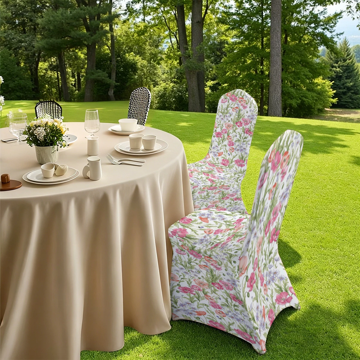 2D Stretch Full - Coverage Chair Cover, Poppy Floral Print, Universal for Hotel/Home/Outdoor. Elastic, Anti