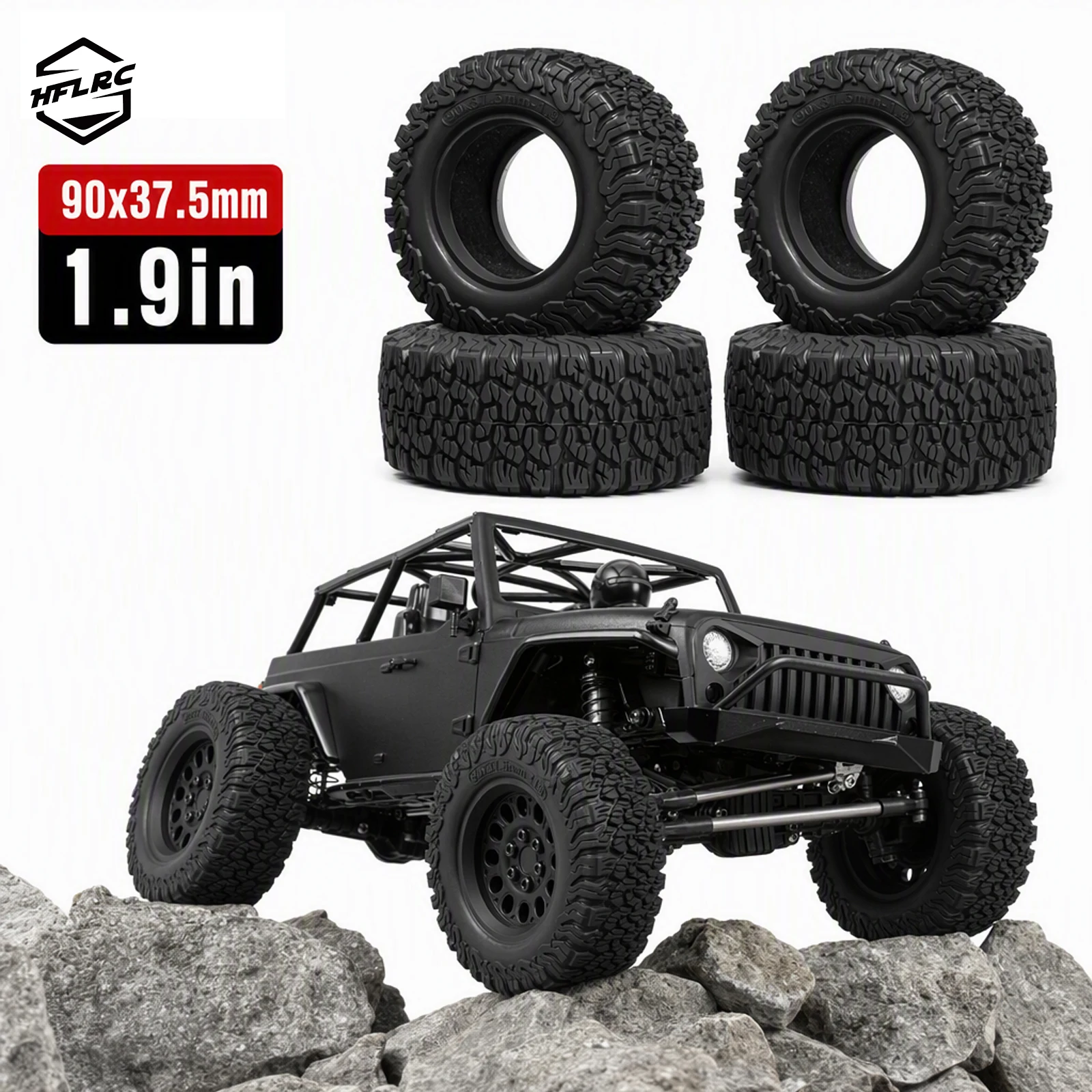 HFLRC 4PCS 1.9 All Terrain Crawler Tires 90x37.5mm Butyl Rubber Foam Insert High Grip Off-Road for 1/12 MJX H12Y RC Upgrade