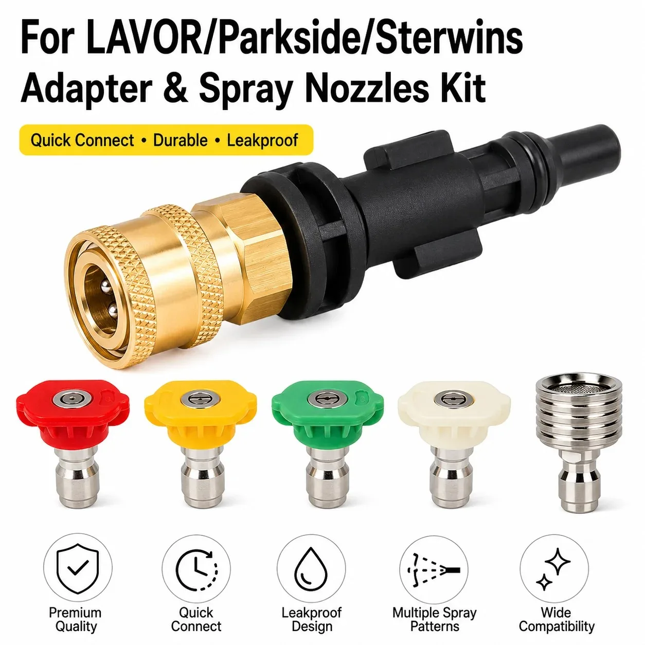 Pressure Washer Adapter Set Durable Stainless Steel Quick Connector 4 Pattern Spray Nozzles Fit LAVOR Parkside Sterwins