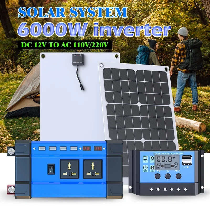 6000 W komplettes Solarstrom-Set, 12 V bis 110 V/220 V, netzunabhängiges System, 100 A-Controller, Solarpanel-Wechselrichter für Zuhause, Camping, Backup