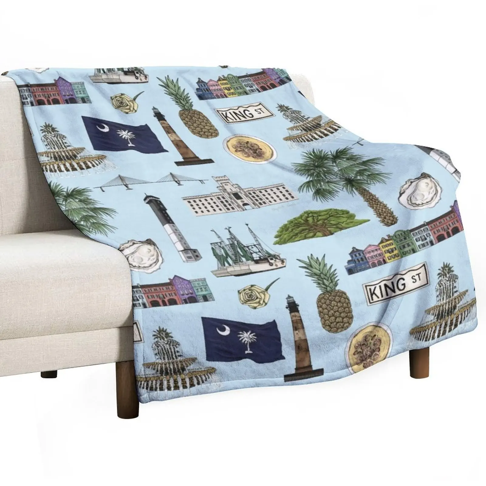 Charleston, South Carolina Pattern - Blue Throw Blanket Single Custom Bed covers Blankets