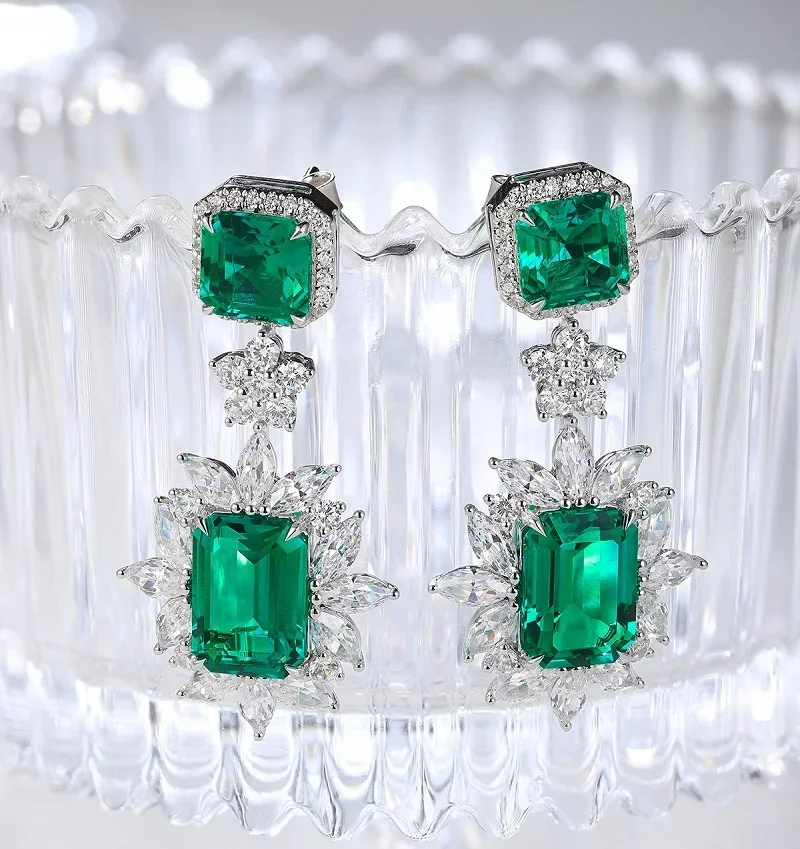 Pirmiana New Arrival S925 Silver 8.33ct Hydrothemal Lab Grown Emerald Stainless Steel Earrings for Women