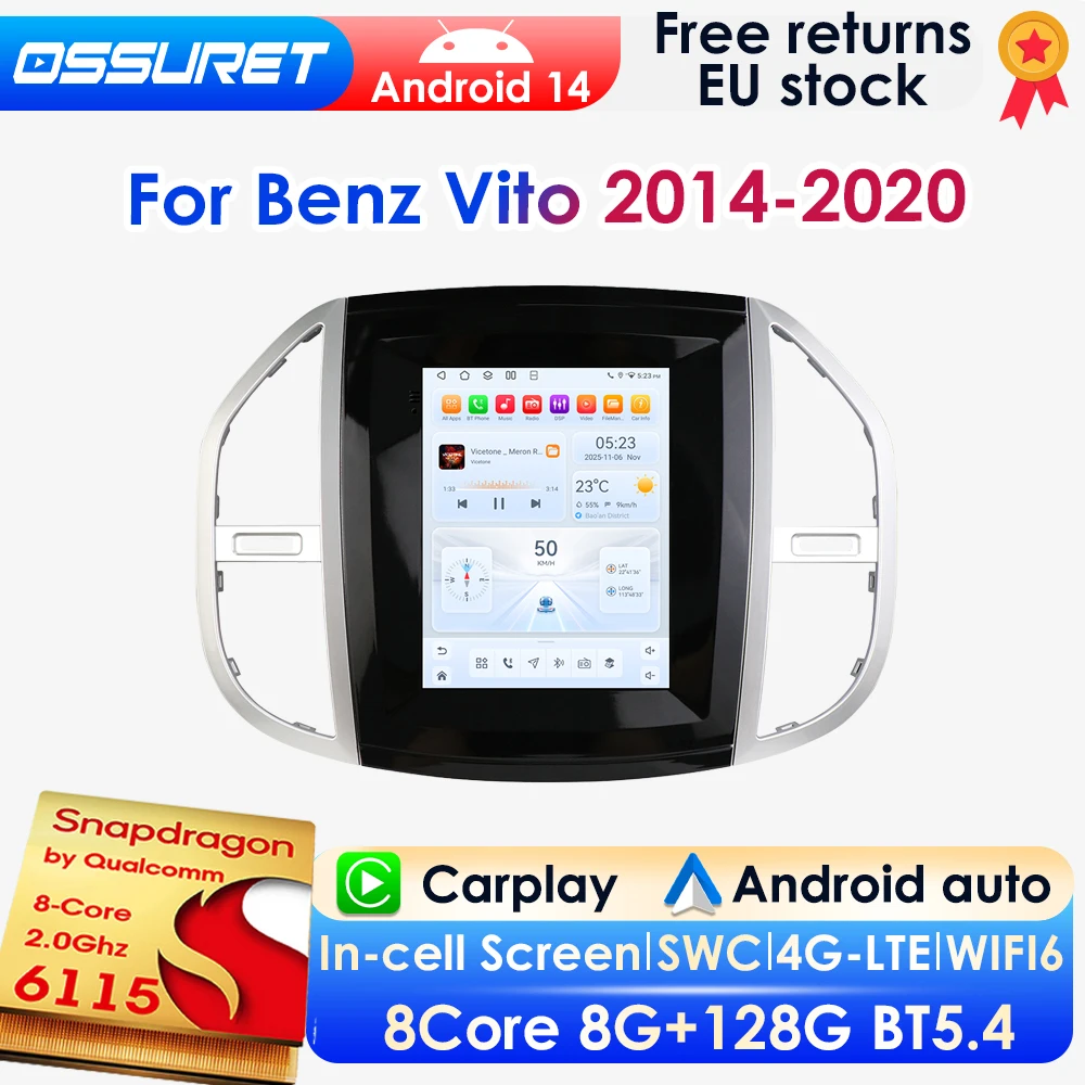 2 DIN 9,7 Zoll Vertikalbildschirm Android 14 Autoradio für Benz Vito 2014 - 2020 Auto-Multimedia-GPS-Player Wireless Carplay Android Auto 4G DSP BT Mirror Link SWC 360-Grad-Kamera 2Din Autoradio