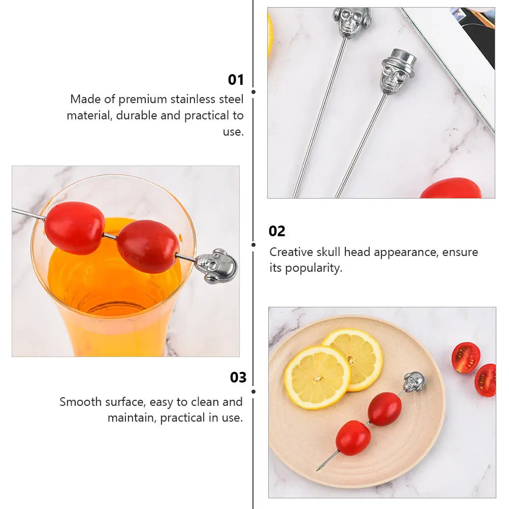 

6Pcs Skull Head Stainless Steel Fruit Picks Creative Reusable Practical Cocktail Picks Party Halloween Food Decoration