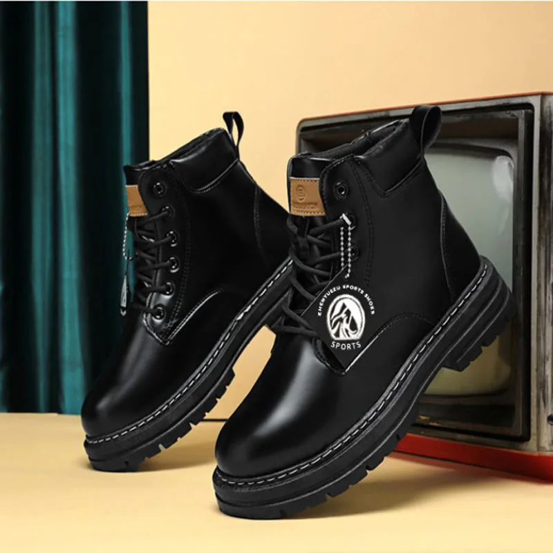 2025*High Top Boots Men's Leather Shoes Fashion Motorcycle Ankle Boots for Men Winter Boots Man Shoes Lace-Up Botas Hombre image 4