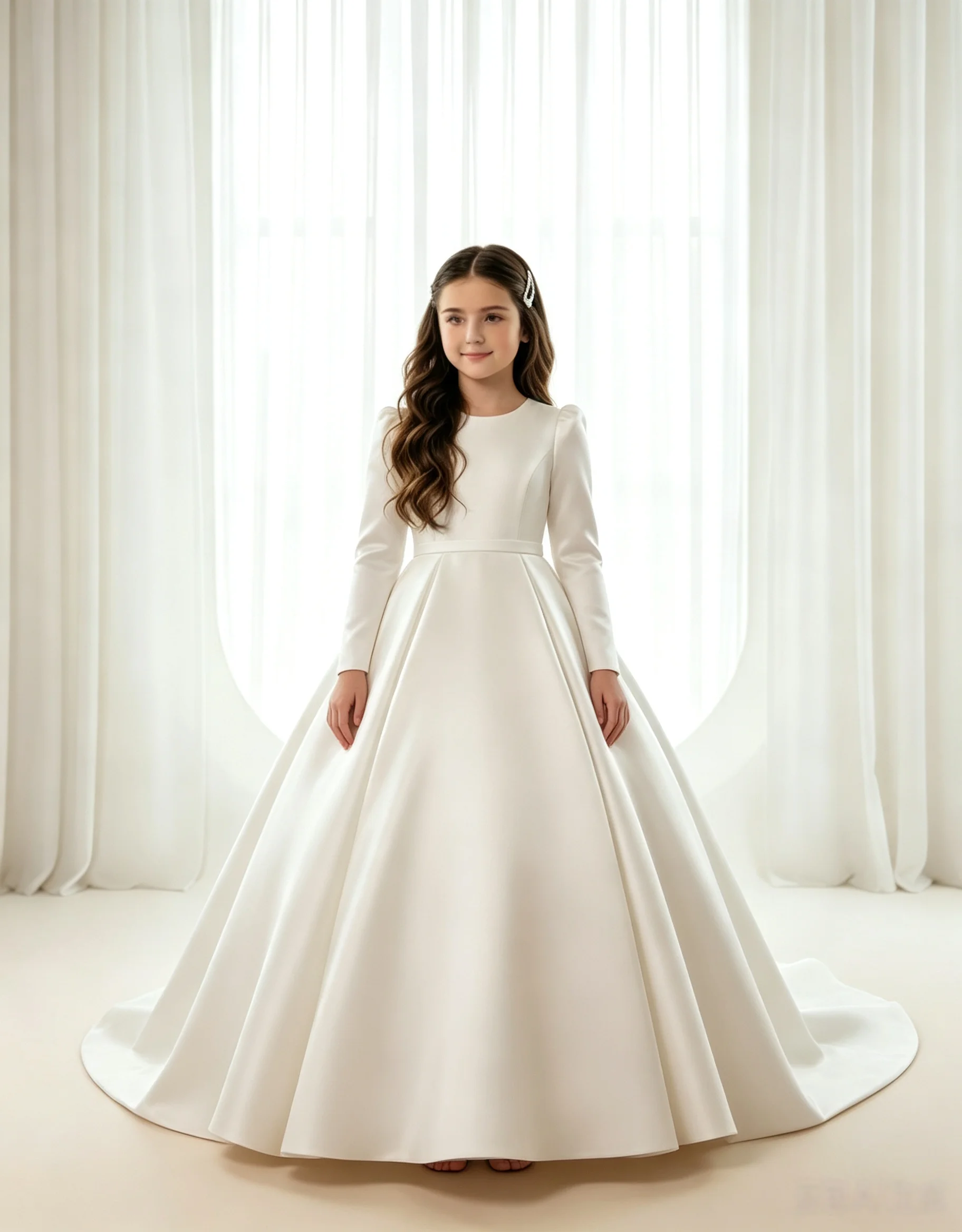Girls Satin First Communion Dress 2026 Elegant Round Neck Slim Fit Drape A-Line Puffy Princess Dress Formal Wedding Flower Girl