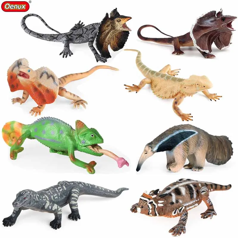 Oenux Modelo de simulación de lagarto con cuello de volantes, figura de acción realista de Komodo Dragón y Camaleón, juguete educativo cognitivo para niños