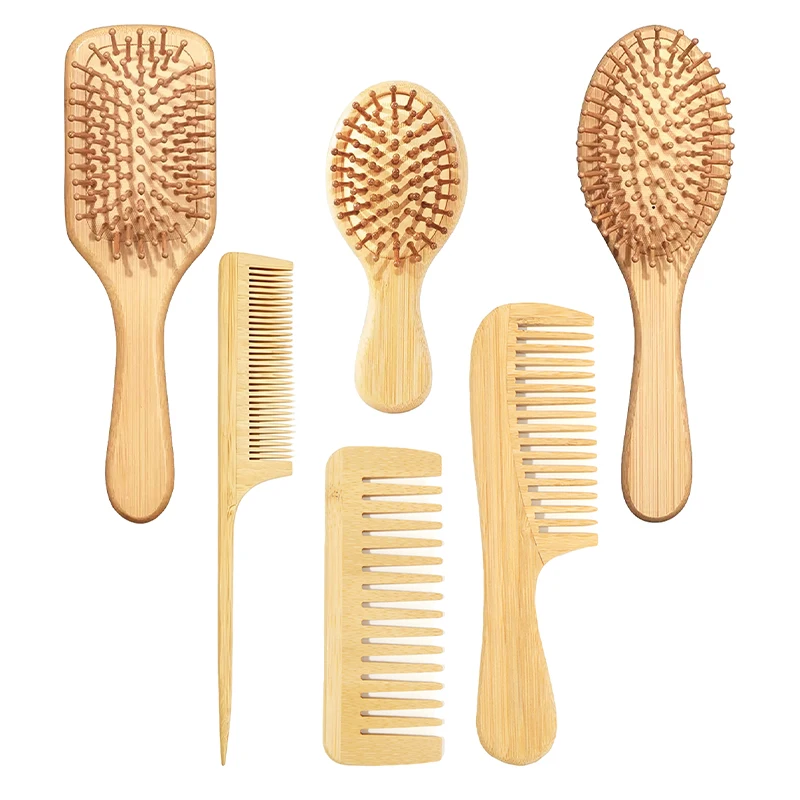 6Pcs Natural Bamboo Hair Comb Family Parent-Child Set Anti-Static Wide Tooth Detangling Scalp Massage Comb