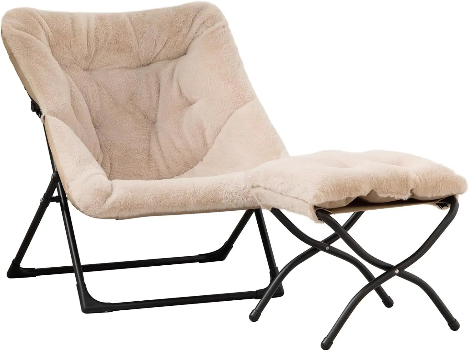 

X-Large Saucer Chair with Foldable Ottoman, Comfy Oversized Folding Chair and Footrest, Faux-Fur, Light Khaki