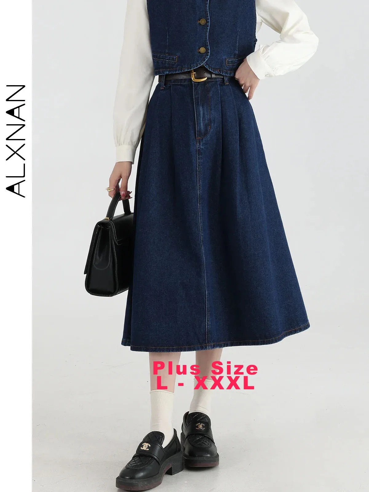 

ALXNAN Plus Size Women's Denim Skirt Long A-line Washed Midi Cotton Pleated Skirts 2025 Autumn Casual Female Clothing DM00116BSQ